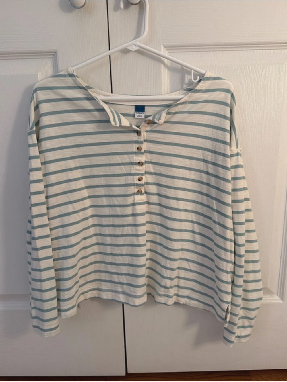 Striped Button Henley Top in Light Teal and Cream old navy